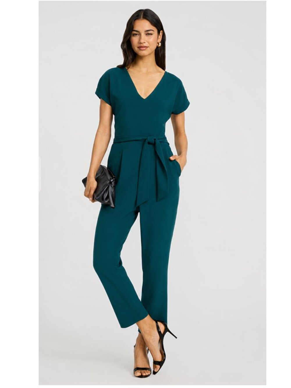 Express V-Neck Tie Waist Straight Leg Jumpsuit with Pockets in Deep Teal